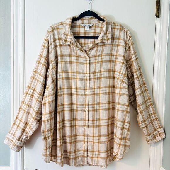 Old Navy The Classic Shirt 3X plaid flannel button up golden brown & cream - Picture 1 of 10